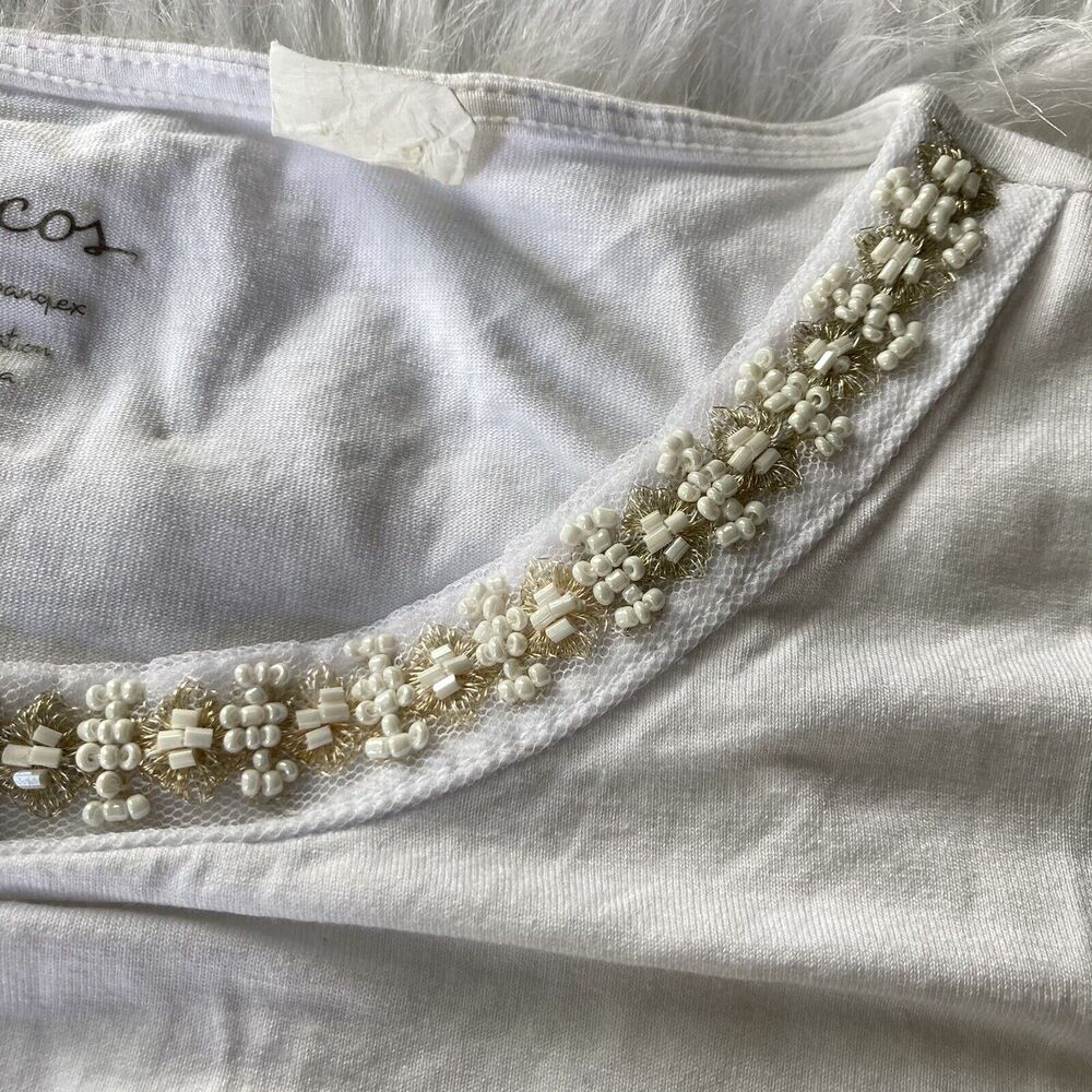 By Chico's Tee Top Blouse Sz 0/Small Beaded Neckline Casual White Summer Elastic - Picture 5 of 6